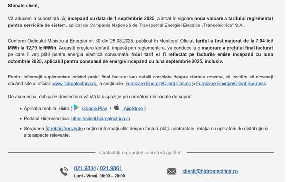 Hidroelectrica, mesaj către clienți - Cu cât se scumpește factura finală DOCUMENT